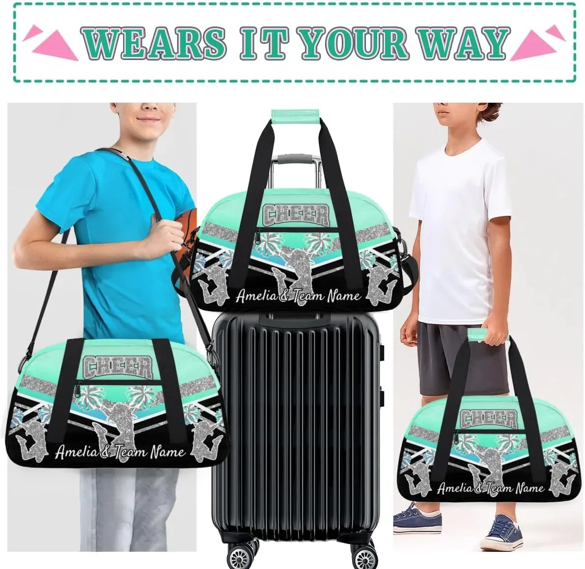 Custom Gym Bag for Women Personalized Cheer Team Sports Duffel Bag Lightweight Cheerleaders Weekender Overnight Travel Duffel Bag Light Cyan Blue