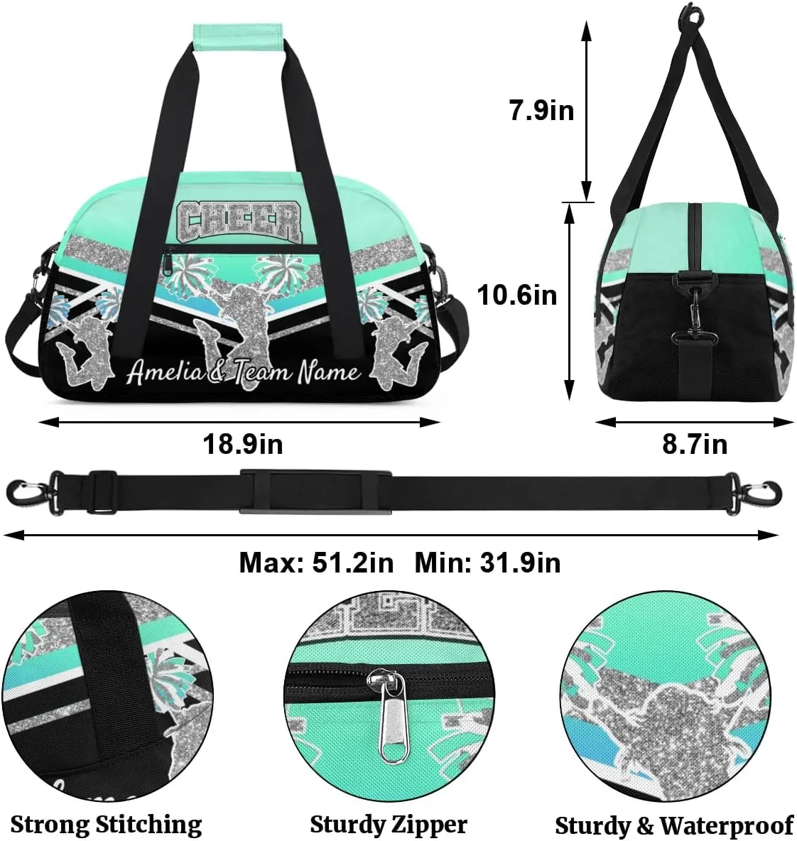 Custom Gym Bag for Women Personalized Cheer Team Sports Duffel Bag Lightweight Cheerleaders Weekender Overnight Travel Duffel Bag Light Cyan Blue