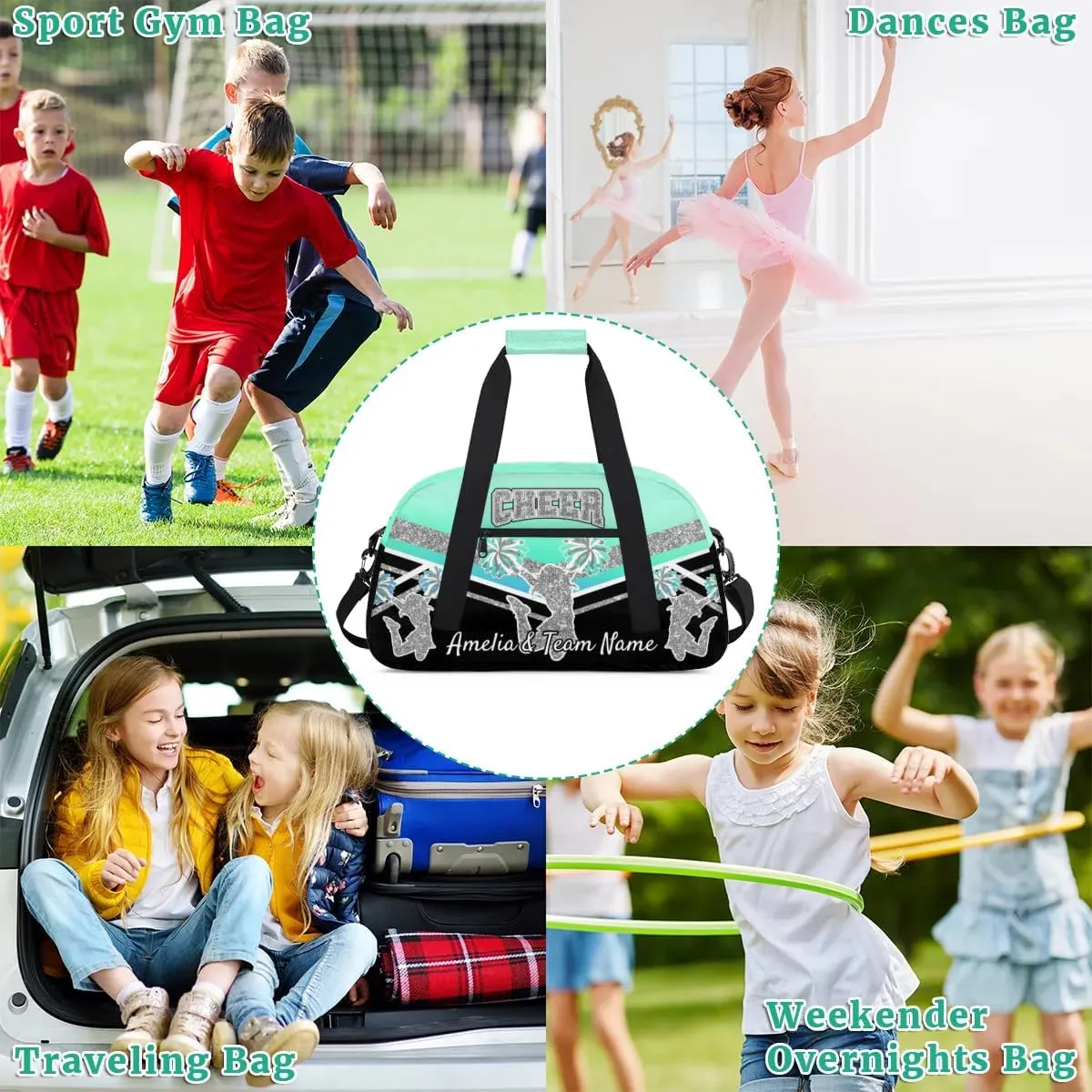 Custom Gym Bag for Women Personalized Cheer Team Sports Duffel Bag Lightweight Cheerleaders Weekender Overnight Travel Duffel Bag Light Cyan Blue