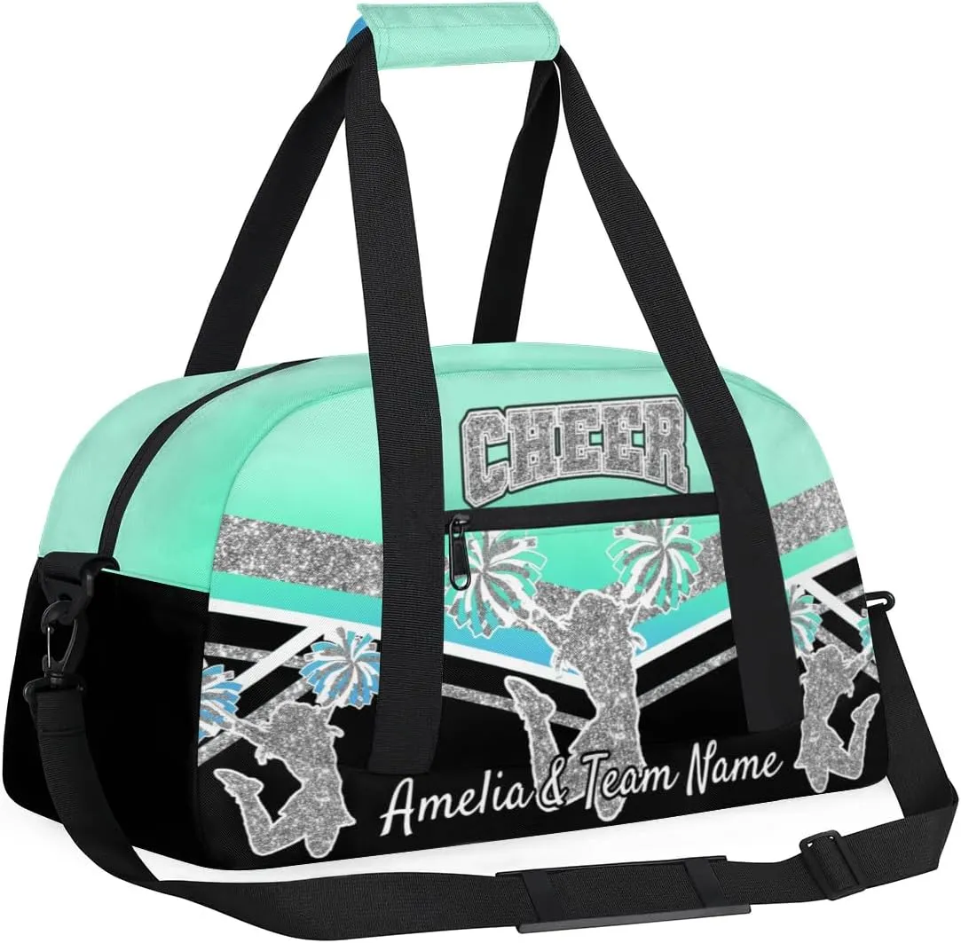 Custom Gym Bag for Women Personalized Cheer Team Sports Duffel Bag Lightweight Cheerleaders Weekender Overnight Travel Duffel Bag Light Cyan Blue