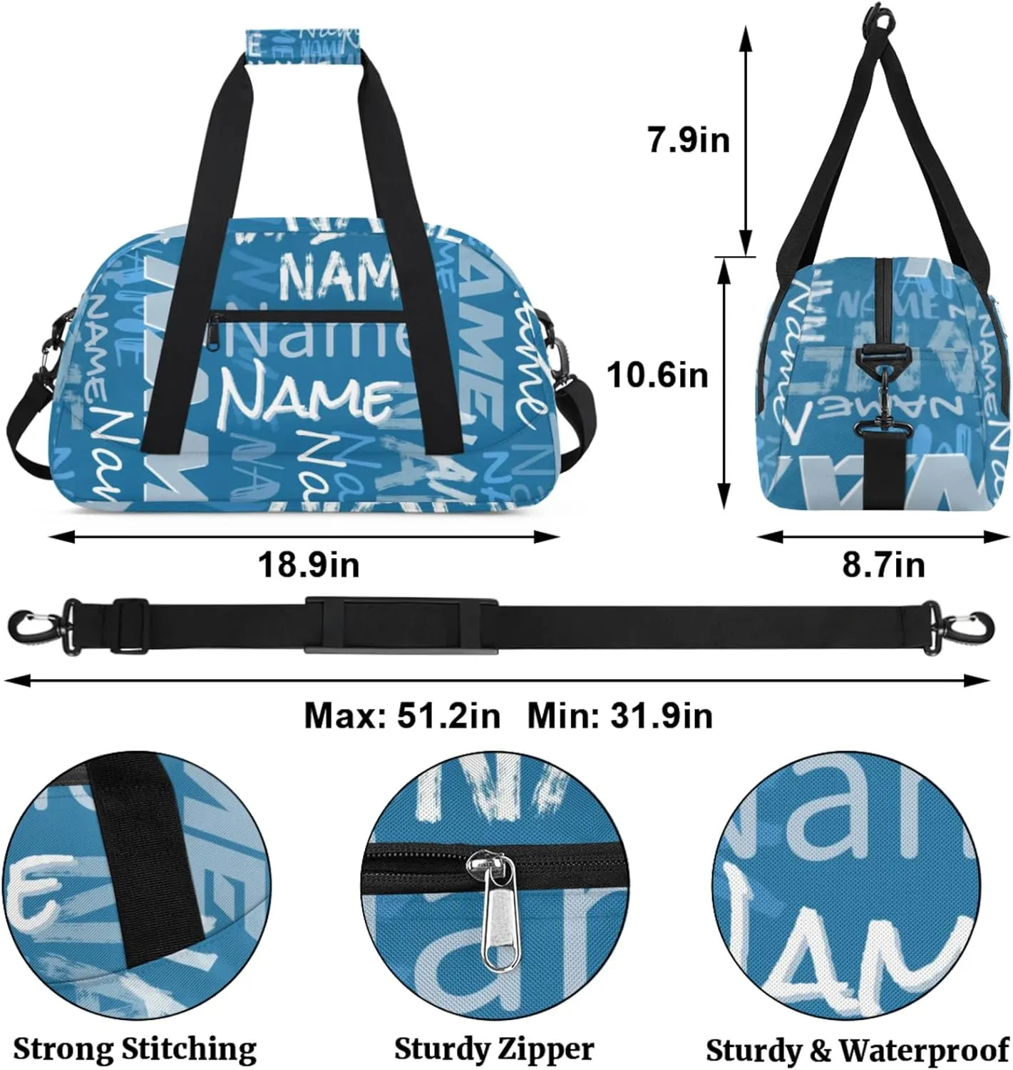 Custom Gym Bag, Personalized Sports Duffel Bag, Waterproof Lightweight Shoulder Weekender Bag, Travel Bag, Carry on Training Bag for Women Men Blue