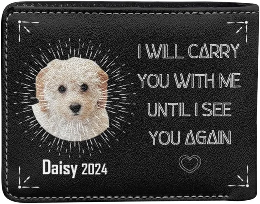 Custom Leather Wallet for Pet's Dad I Will Carry You With Me Unit I See You Again Personalized Halo Leather Pet Face Wallet For Men Dog Photo Bifold Purse with Name Date Memorial Gift for Pet Owner