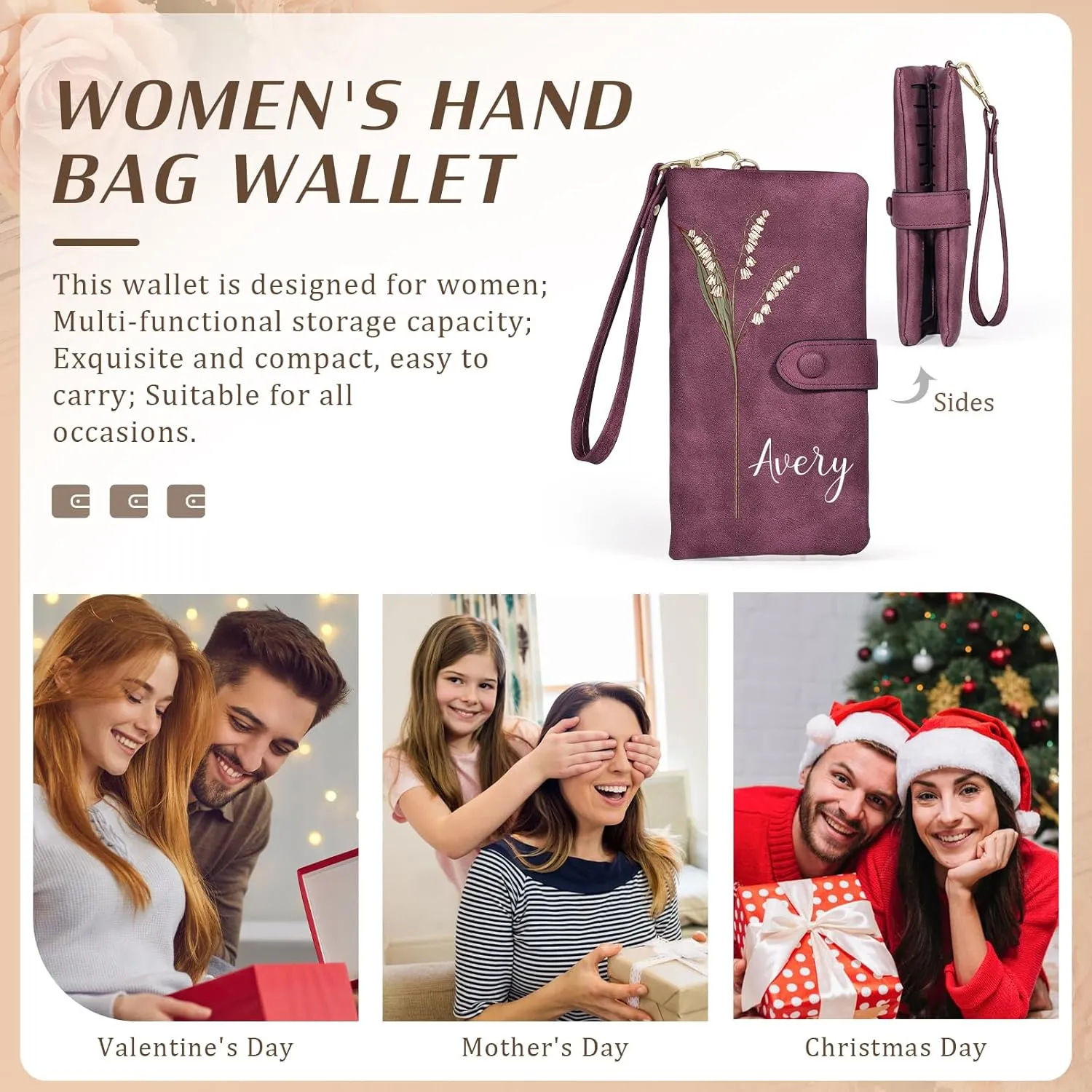 Custom Leather Wallet for Women - Personalized Bi-Fold Wallet with Birth Flower & Name - PU Leather Wallet Gifts for Mom, Wife, Grandma, Her