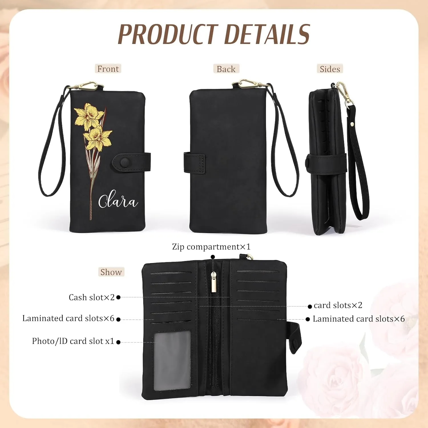 Custom Leather Wallet for Women - Personalized Bi-Fold Wallet with Birth Flower & Name - PU Leather Wallet Gifts for Mom, Wife, Grandma, Her