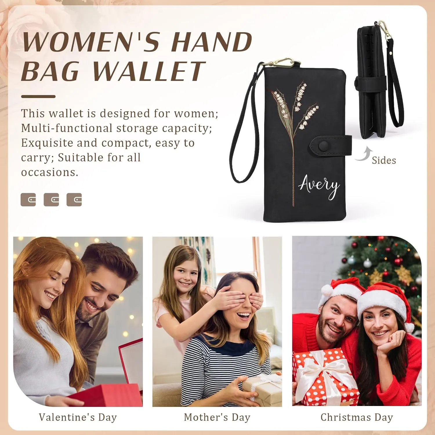 Custom Leather Wallet for Women - Personalized Bi-Fold Wallet with Birth Flower & Name - PU Leather Wallet Gifts for Mom, Wife, Grandma, Her