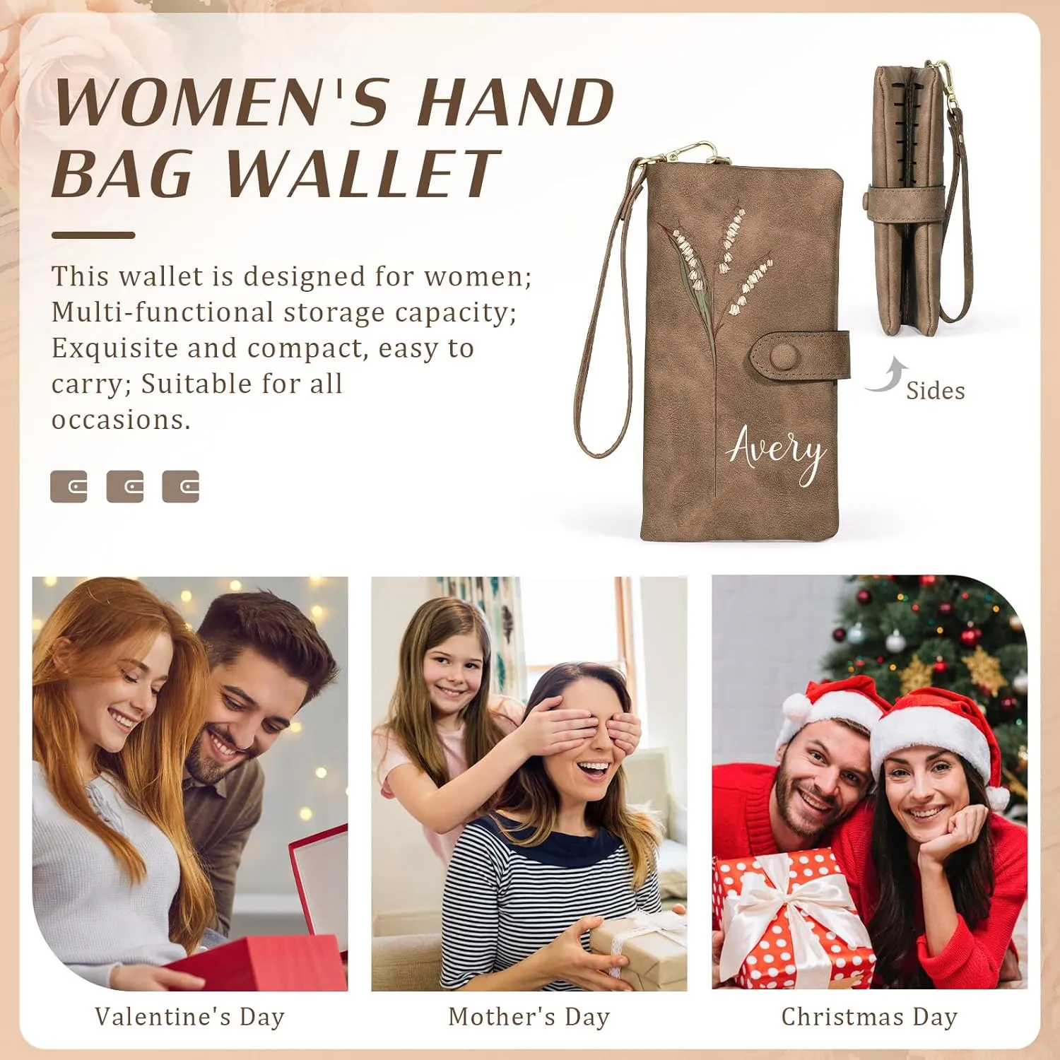 Custom Leather Wallet for Women - Personalized Bi-Fold Wallet with Birth Flower & Name - PU Leather Wallet Gifts for Mom, Wife, Grandma, Her