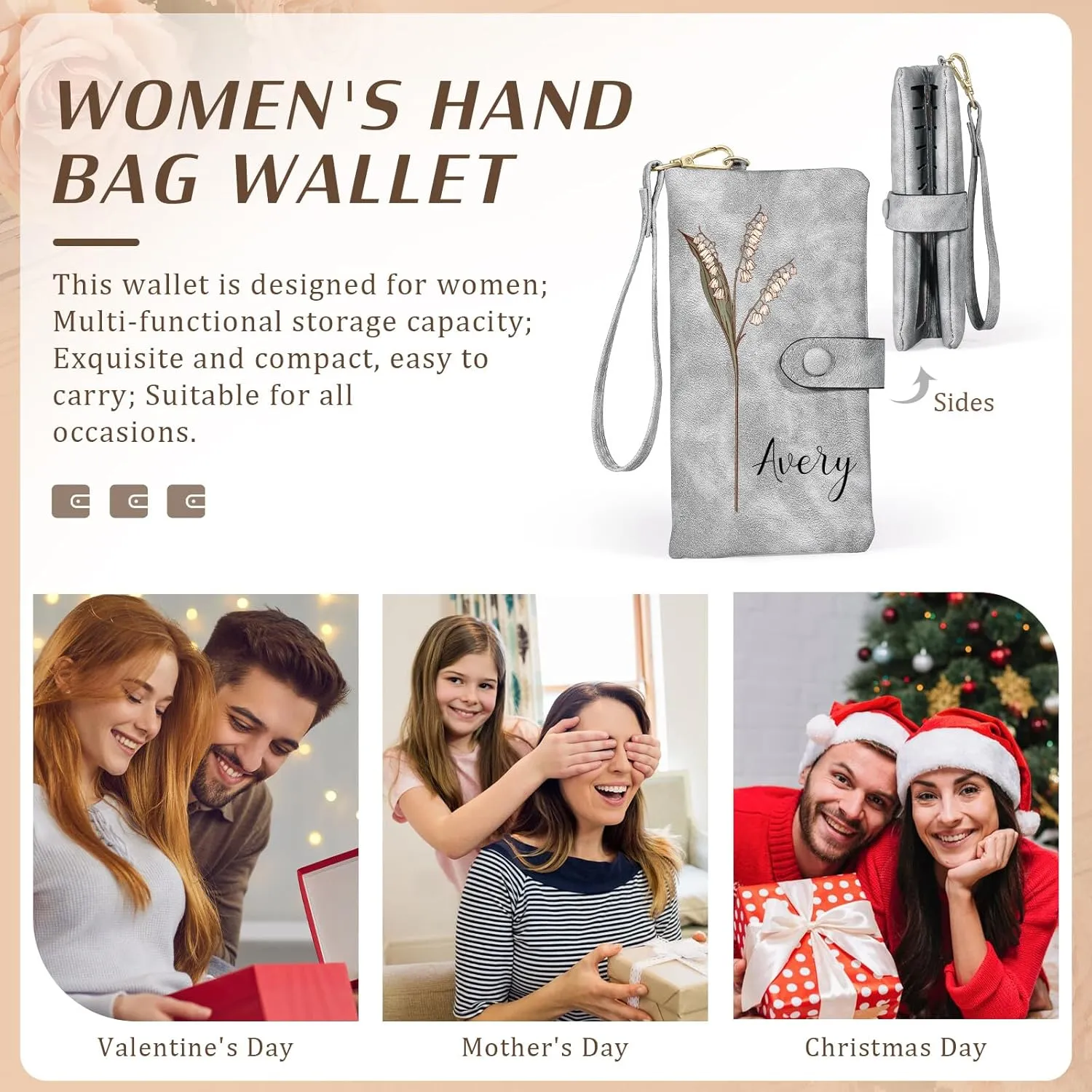 Custom Leather Wallet for Women - Personalized Bi-Fold Wallet with Birth Flower & Name - PU Leather Wallet Gifts for Mom, Wife, Grandma, Her