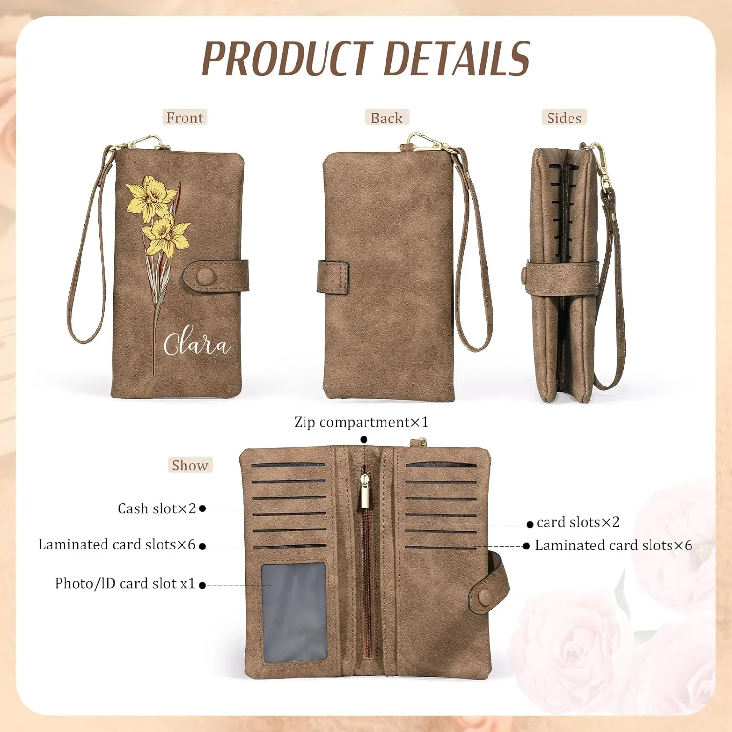 Custom Leather Wallet for Women - Personalized Bi-Fold Wallet with Birth Flower & Name - PU Leather Wallet Gifts for Mom, Wife, Grandma, Her
