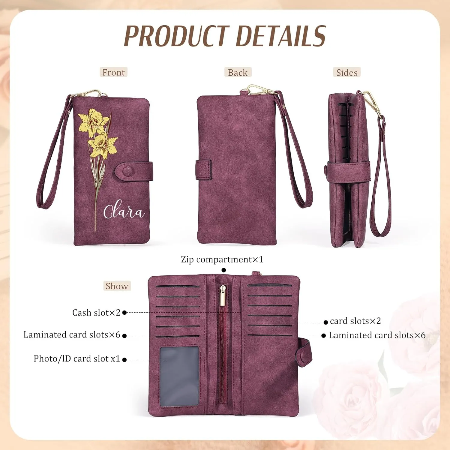 Custom Leather Wallet for Women - Personalized Bi-Fold Wallet with Birth Flower & Name - PU Leather Wallet Gifts for Mom, Wife, Grandma, Her