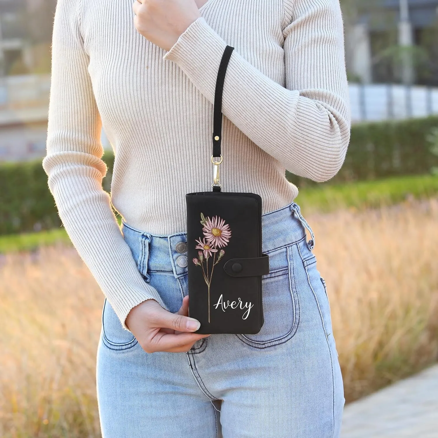 Custom Leather Wallet for Women - Personalized Bi-Fold Wallet with Birth Flower & Name - PU Leather Wallet Gifts for Mom, Wife, Grandma, Her