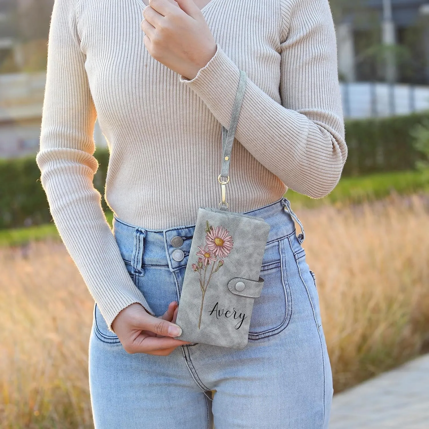 Custom Leather Wallet for Women - Personalized Bi-Fold Wallet with Birth Flower & Name - PU Leather Wallet Gifts for Mom, Wife, Grandma, Her