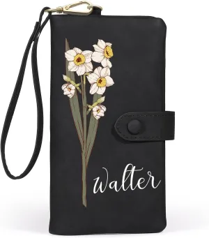 Custom Leather Wallet for Women - Personalized Bi-Fold Wallet with Birth Flower & Name - PU Leather Wallet Gifts for Mom, Wife, Grandma, Her