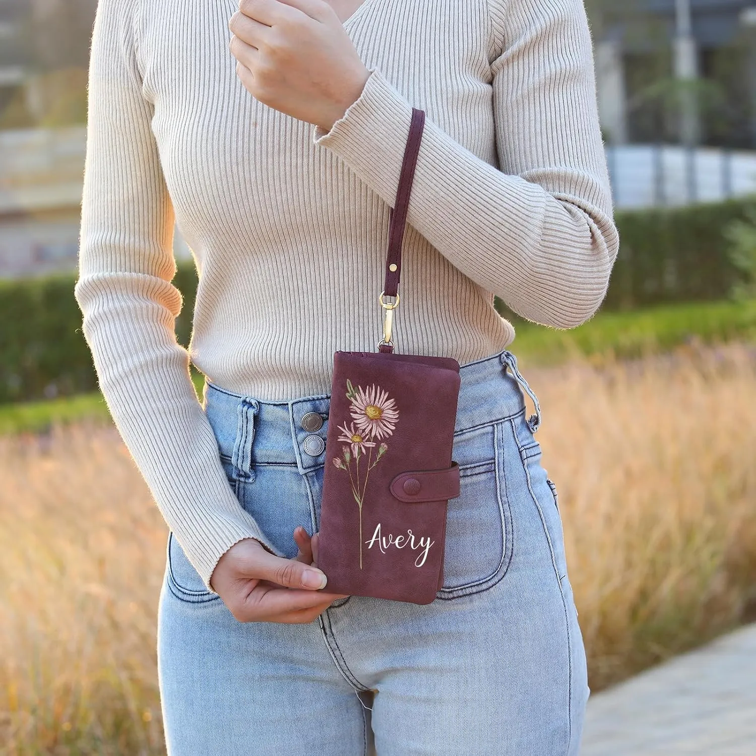 Custom Leather Wallet for Women - Personalized Bi-Fold Wallet with Birth Flower & Name - PU Leather Wallet Gifts for Mom, Wife, Grandma, Her