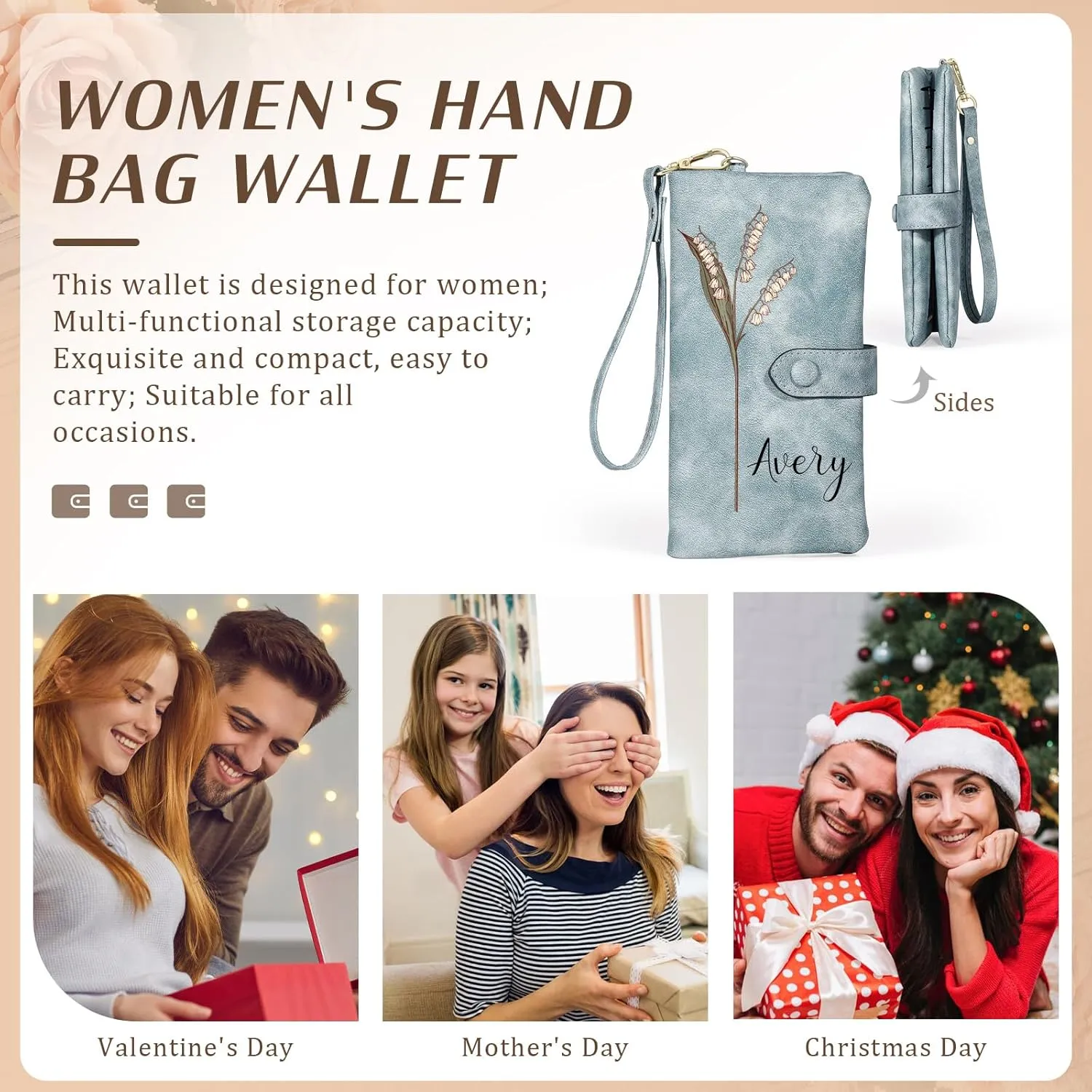 Custom Leather Wallet for Women - Personalized Bi-Fold Wallet with Birth Flower & Name - PU Leather Wallet Gifts for Mom, Wife, Grandma, Her