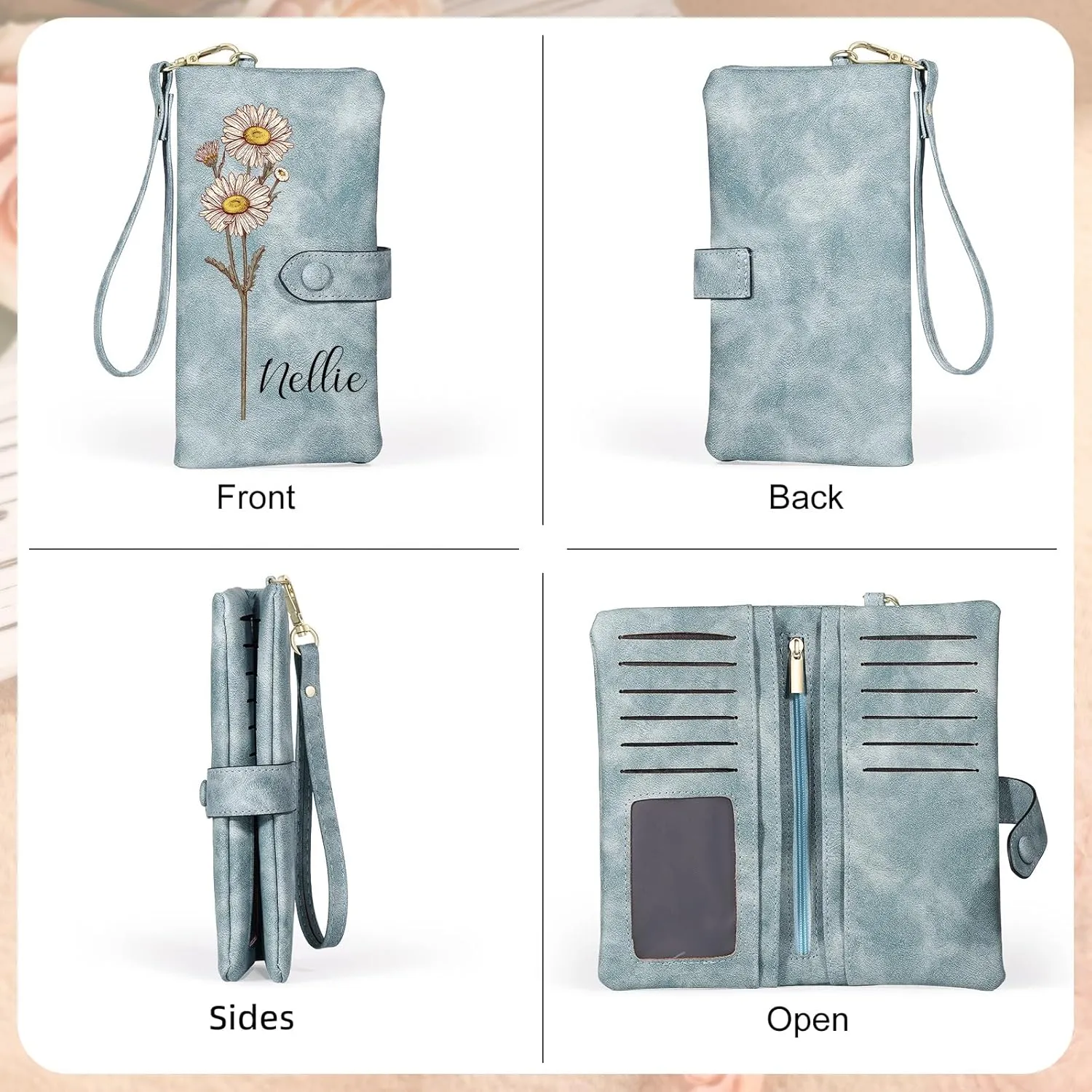 Custom Leather Wallet for Women - Personalized Bi-Fold Wallet with Birth Flower & Name - PU Leather Wallet Gifts for Mom, Wife, Grandma, Her