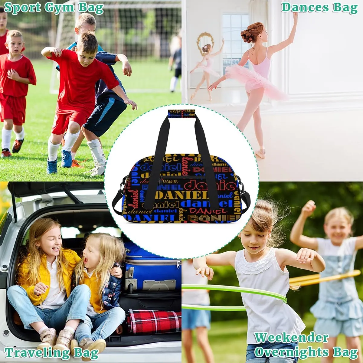 Custom Name Kids Gym Sport Bag for Boys Girls, Personalized Gymnastics Ballet Dance Bag Customized Small Duffel Travel Bag Teen Weekender Overnight Bag, Blue Yellow Red Black