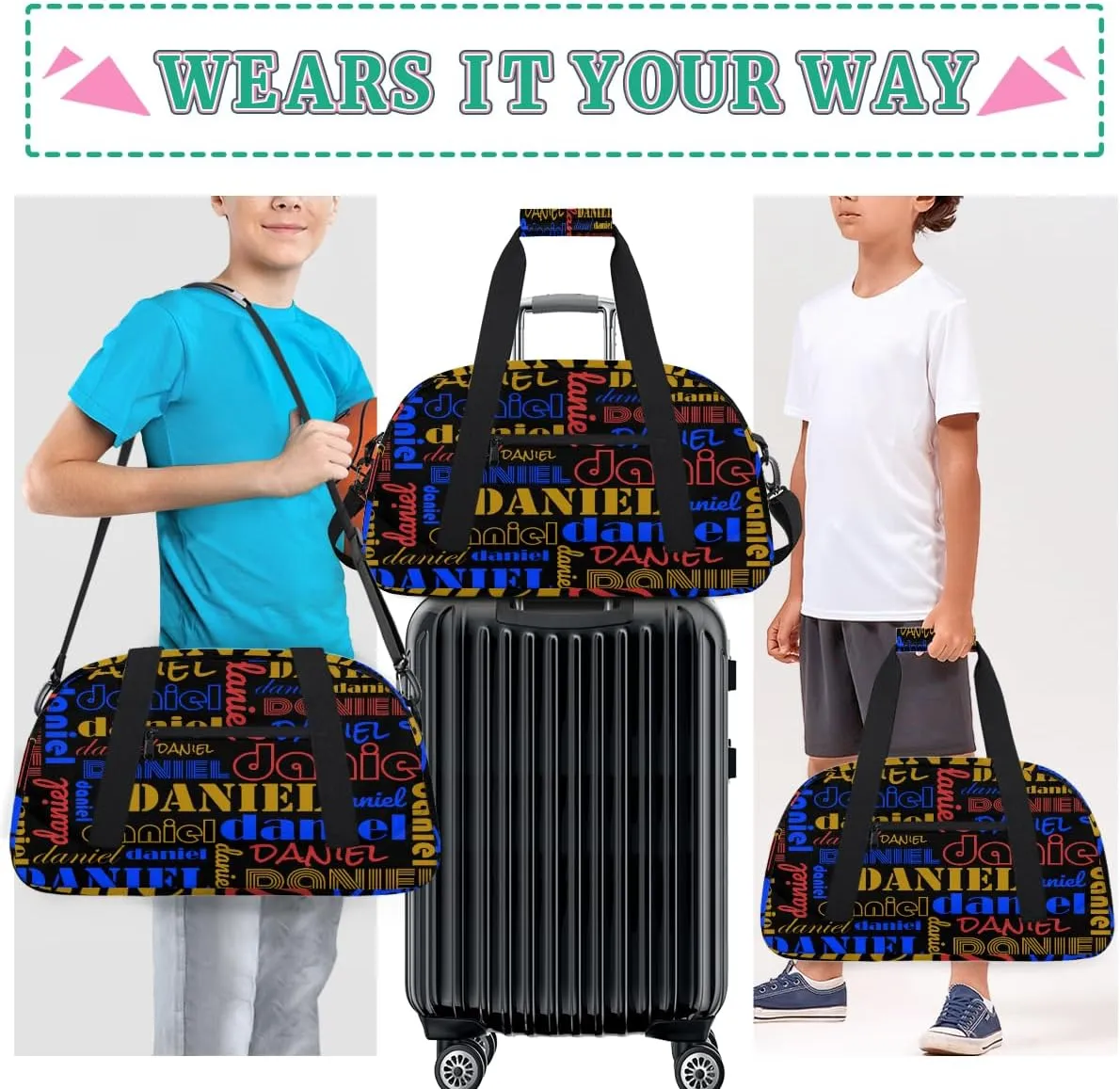 Custom Name Kids Gym Sport Bag for Boys Girls, Personalized Gymnastics Ballet Dance Bag Customized Small Duffel Travel Bag Teen Weekender Overnight Bag, Blue Yellow Red Black