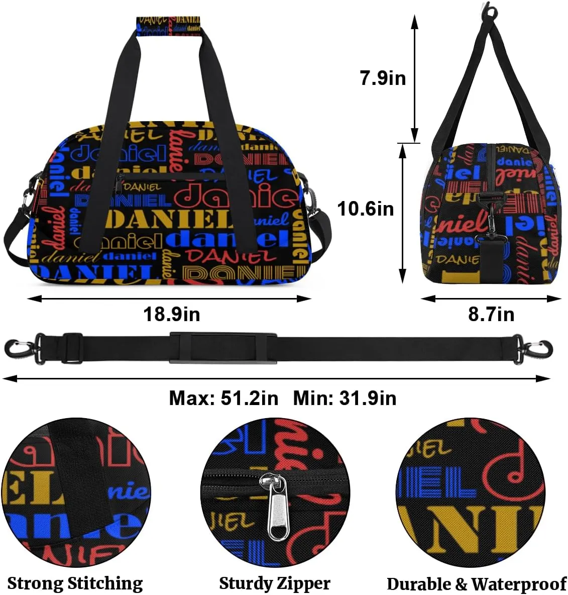 Custom Name Kids Gym Sport Bag for Boys Girls, Personalized Gymnastics Ballet Dance Bag Customized Small Duffel Travel Bag Teen Weekender Overnight Bag, Blue Yellow Red Black