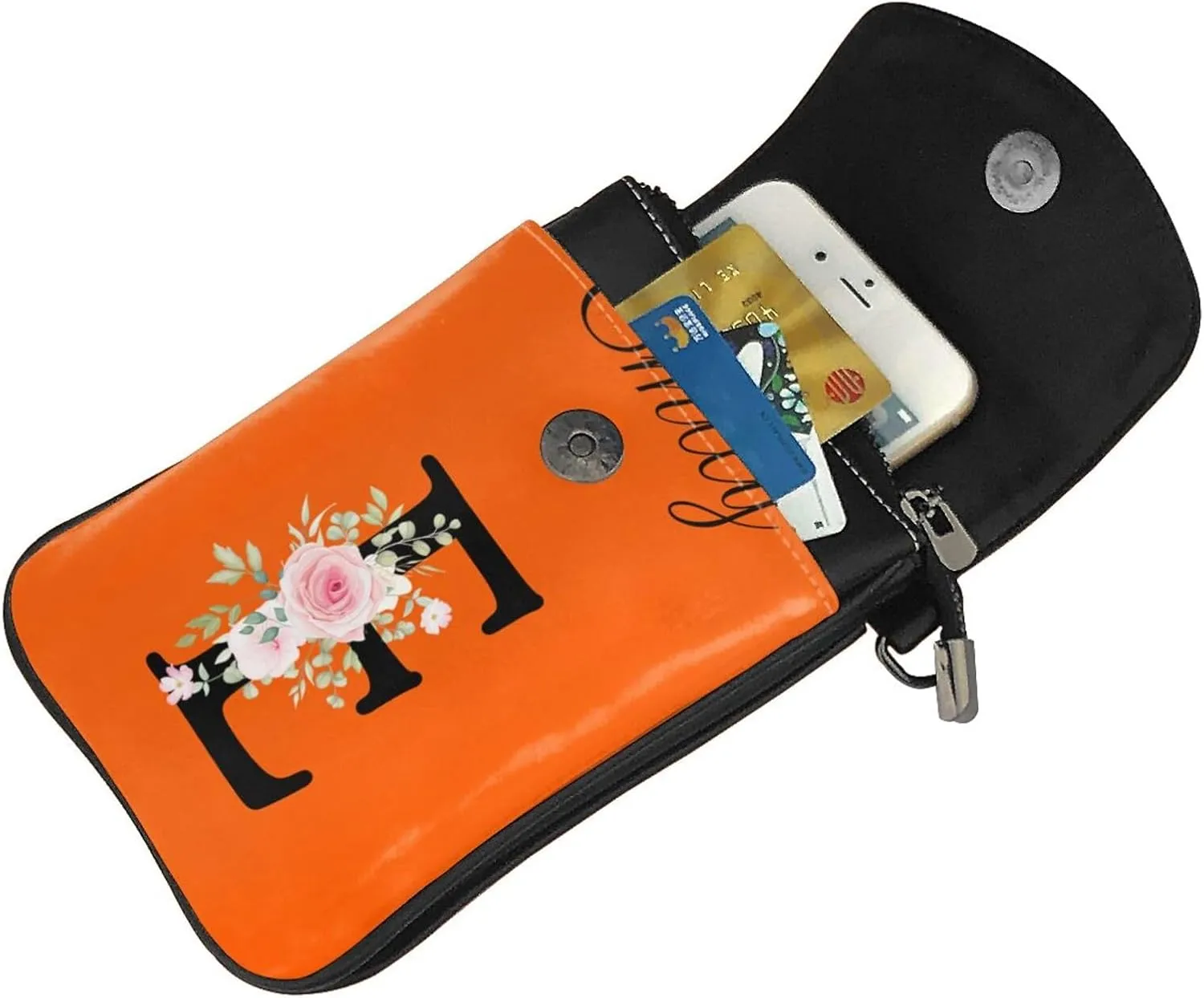 Custom Name Small Crossbody Cell Phone Bag for Women Personalized PU Leather Mini Shoulder Bag Wallet Cellphone Purse with Credit Card Slots and Adjustable Strap (E)