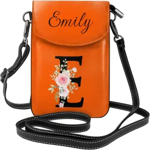 Custom Name Small Crossbody Cell Phone Bag for Women Personalized PU Leather Mini Shoulder Bag Wallet Cellphone Purse with Credit Card Slots and Adjustable Strap (E)