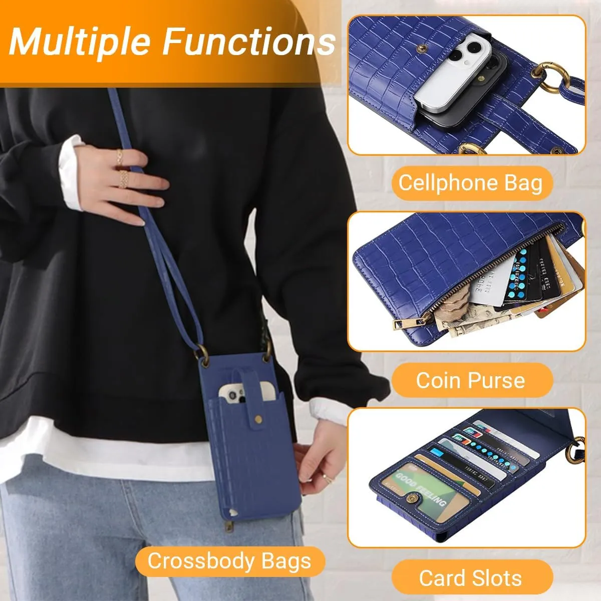 Custom Name Small Crossbody Cell Phone Purse for Women Personalized Initials Mini Wallet Bag with Card Slots Mirror, Black