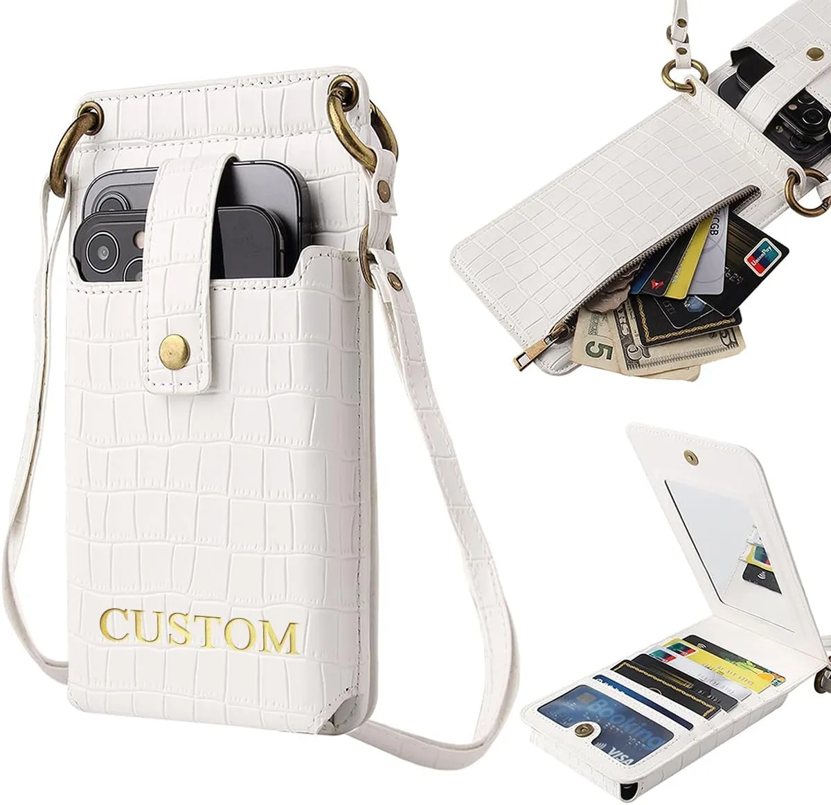 Custom Name Small Crossbody Cell Phone Purse for Women Personalized Initials Mini Wallet Bag with Card Slots Mirror, Black