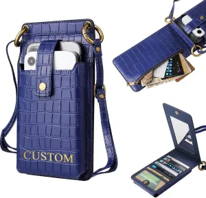 Custom Name Small Crossbody Cell Phone Purse for Women Personalized Initials Mini Wallet Bag with Card Slots Mirror, Black