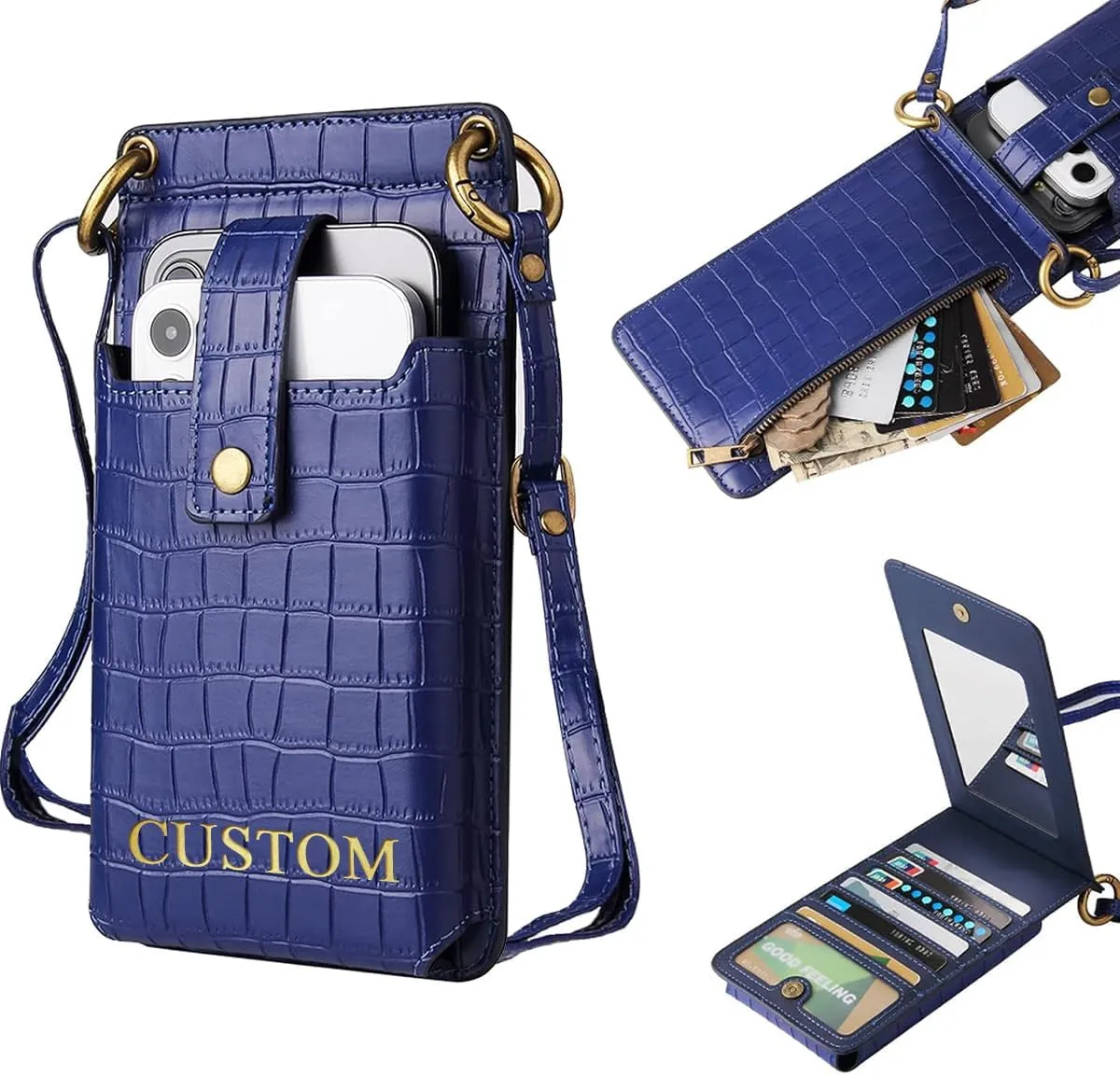 Custom Name Small Crossbody Cell Phone Purse for Women Personalized Initials Mini Wallet Bag with Card Slots Mirror, Black