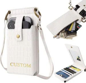 Custom Name Small Crossbody Cell Phone Purse for Women Personalized Initials Mini Wallet Bag with Card Slots Mirror, Black