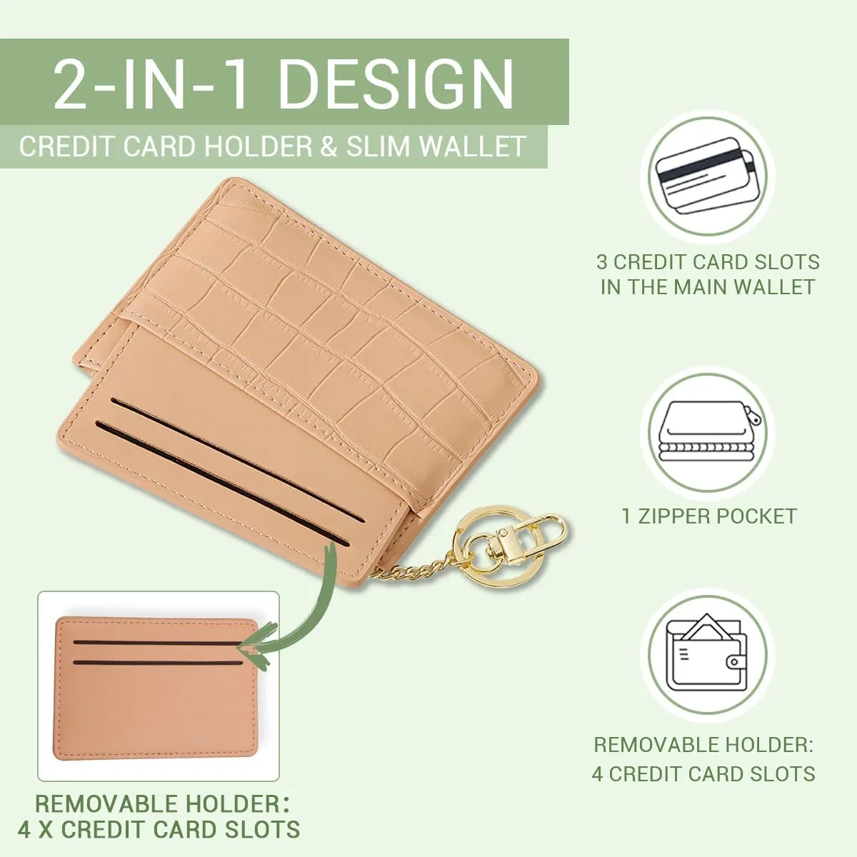 Custom Small Wallet for Women with Detachable Credit Card Holder Personalized Name Initials Slim Leather Purse, Customized Monogram Minimalist Front Pocket Wallet with Zipper Pocket & Keychain, Black