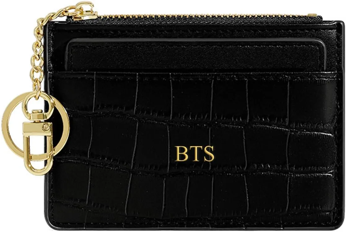 Custom Small Wallet for Women with Detachable Credit Card Holder Personalized Name Initials Slim Leather Purse, Customized Monogram Minimalist Front Pocket Wallet with Zipper Pocket & Keychain, Black