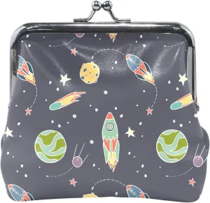 Custom Space Rocket Adventure Blue Leather Coin Pouch for Women Cute Kiss Lock Change Purse for Coins