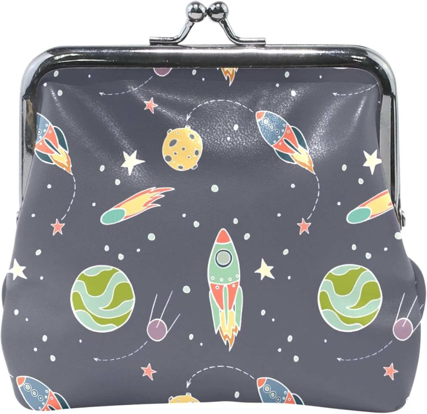 Custom Space Rocket Adventure Blue Leather Coin Pouch for Women Cute Kiss Lock Change Purse for Coins