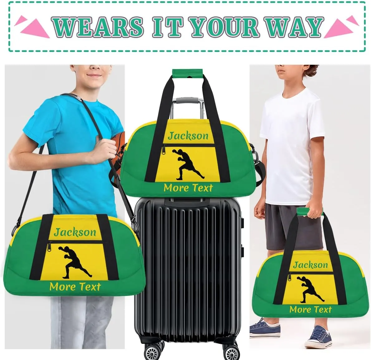 Custom Sport Duffel Bag for Boys, Personalized Kids Gym Bag, Overnight Weekender Bags for Teens, Travel Duffle Bag for Girls, Green Boxing