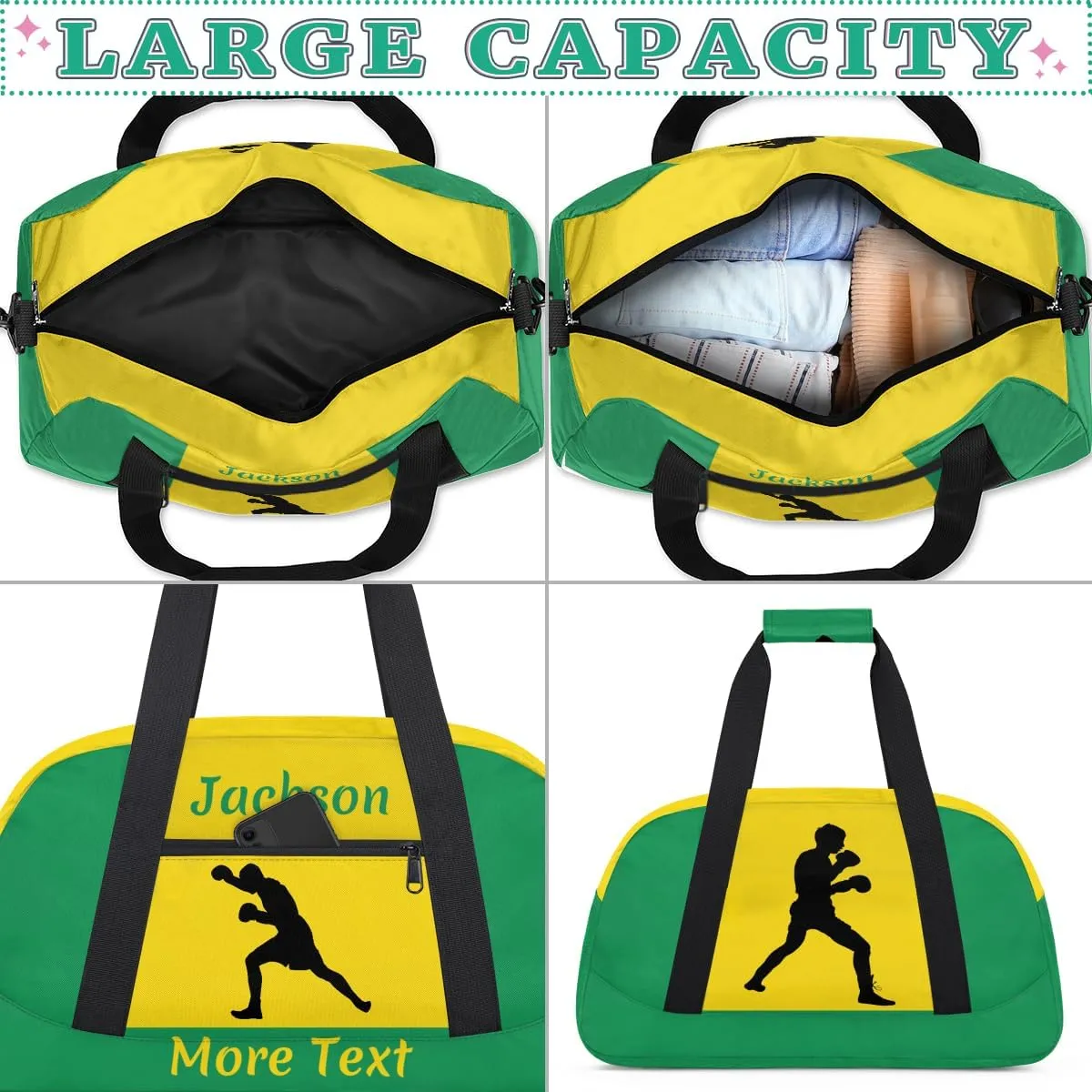 Custom Sport Duffel Bag for Boys, Personalized Kids Gym Bag, Overnight Weekender Bags for Teens, Travel Duffle Bag for Girls, Green Boxing