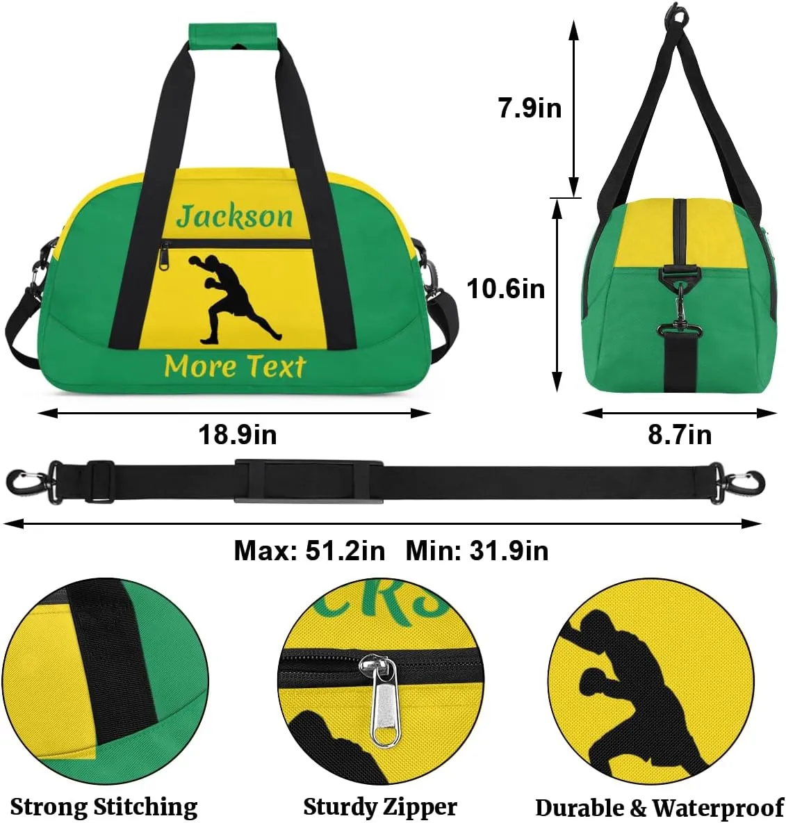 Custom Sport Duffel Bag for Boys, Personalized Kids Gym Bag, Overnight Weekender Bags for Teens, Travel Duffle Bag for Girls, Green Boxing