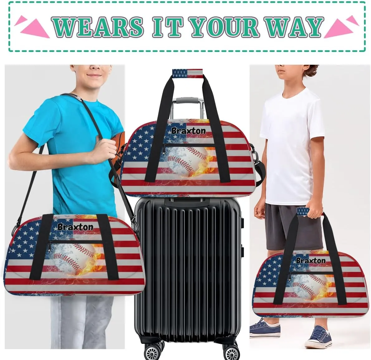 Custom Sports Baseball Gym Bag for Girls, Personalized Name Sport Duffel Bag Outdoor Sleepover Weekender Bags Carry On Travel Duffel Training Bag, American Flag with Baseball