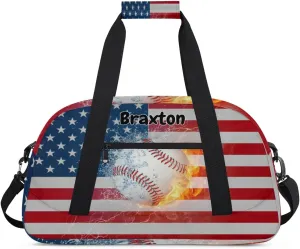 Custom Sports Baseball Gym Bag for Girls, Personalized Name Sport Duffel Bag Outdoor Sleepover Weekender Bags Carry On Travel Duffel Training Bag, American Flag with Baseball