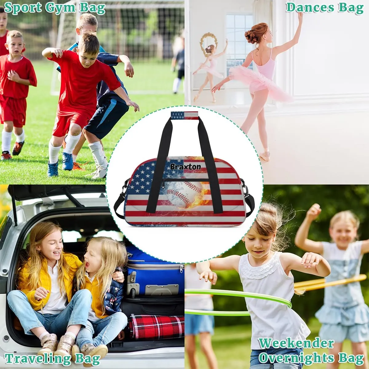 Custom Sports Baseball Gym Bag for Girls, Personalized Name Sport Duffel Bag Outdoor Sleepover Weekender Bags Carry On Travel Duffel Training Bag, American Flag with Baseball