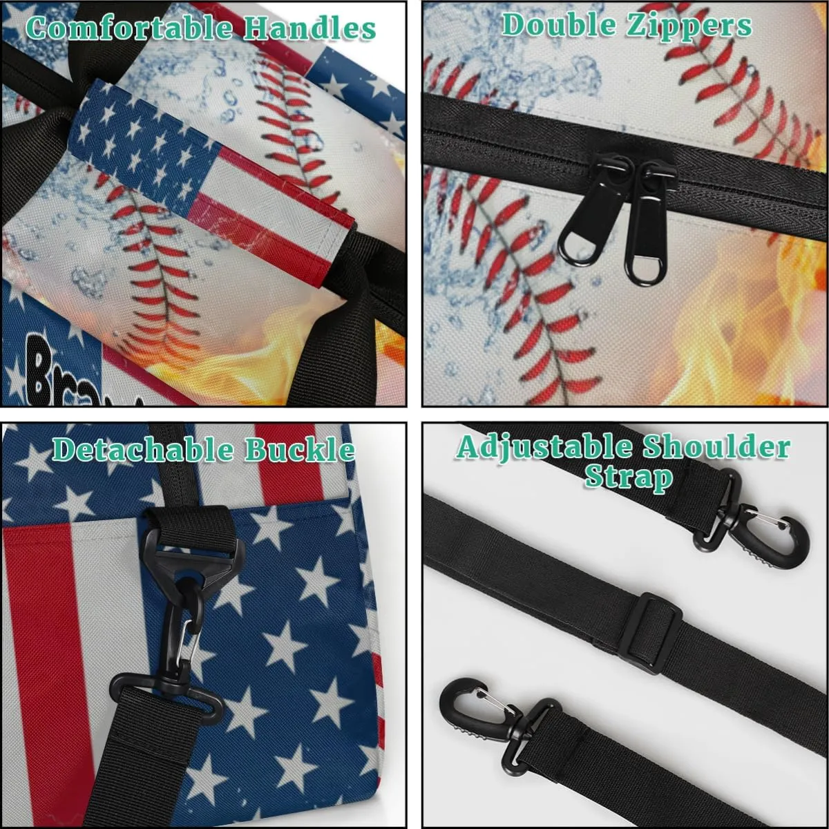 Custom Sports Baseball Gym Bag for Girls, Personalized Name Sport Duffel Bag Outdoor Sleepover Weekender Bags Carry On Travel Duffel Training Bag, American Flag with Baseball