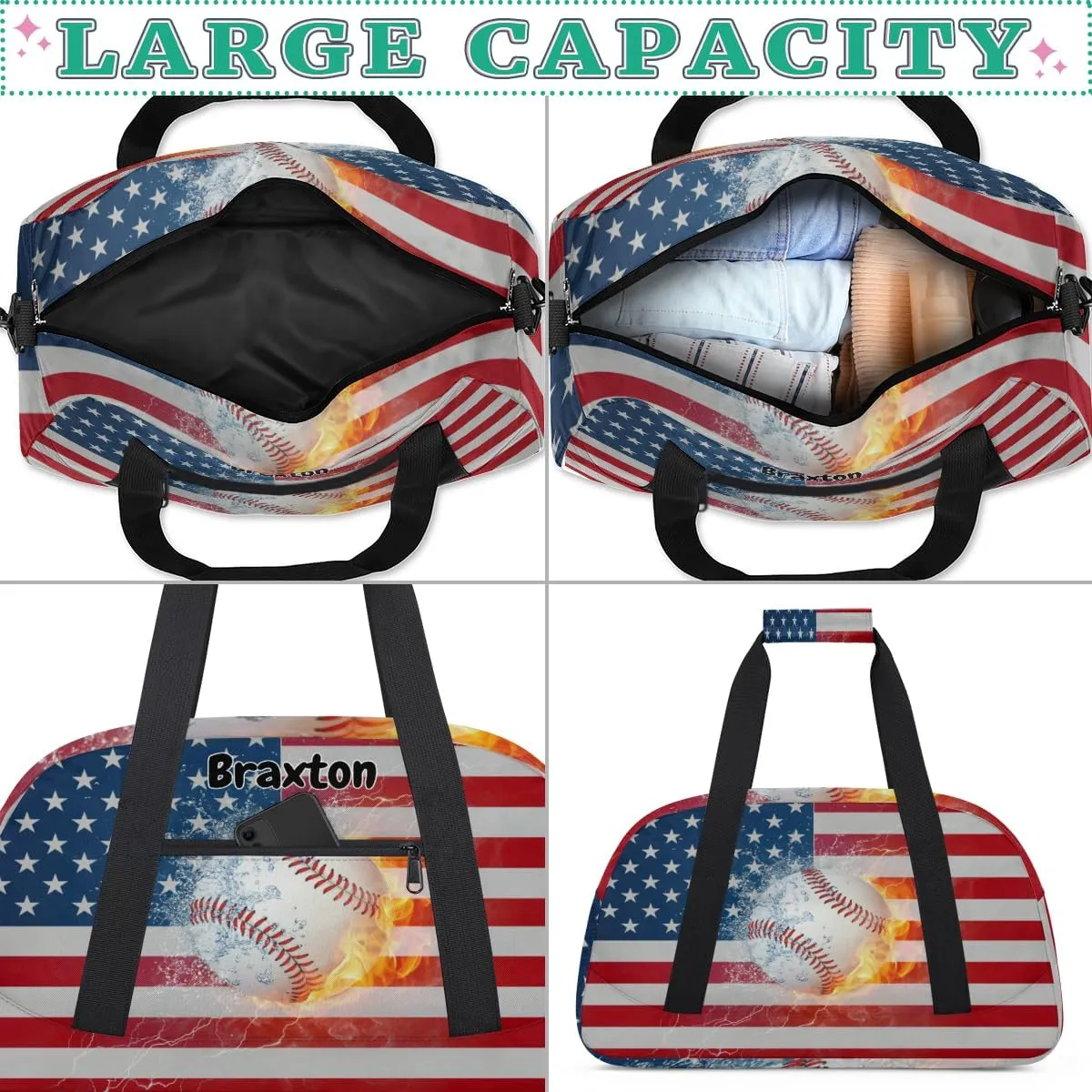Custom Sports Baseball Gym Bag for Girls, Personalized Name Sport Duffel Bag Outdoor Sleepover Weekender Bags Carry On Travel Duffel Training Bag, American Flag with Baseball