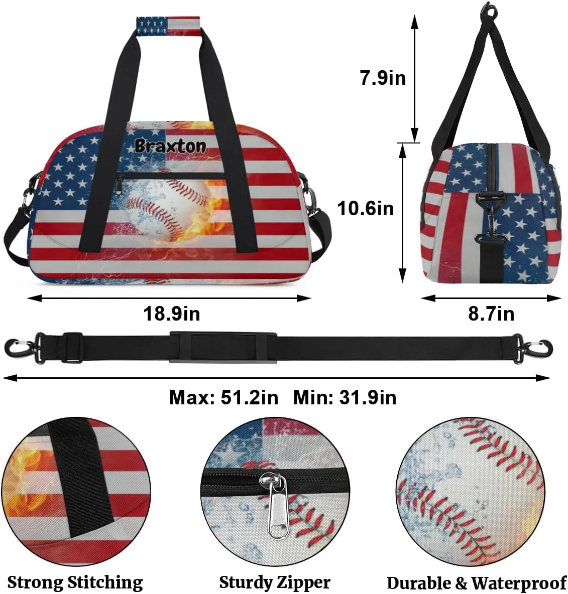 Custom Sports Baseball Gym Bag for Girls, Personalized Name Sport Duffel Bag Outdoor Sleepover Weekender Bags Carry On Travel Duffel Training Bag, American Flag with Baseball