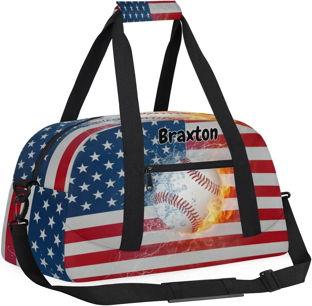 Custom Sports Baseball Gym Bag for Girls, Personalized Name Sport Duffel Bag Outdoor Sleepover Weekender Bags Carry On Travel Duffel Training Bag, American Flag with Baseball