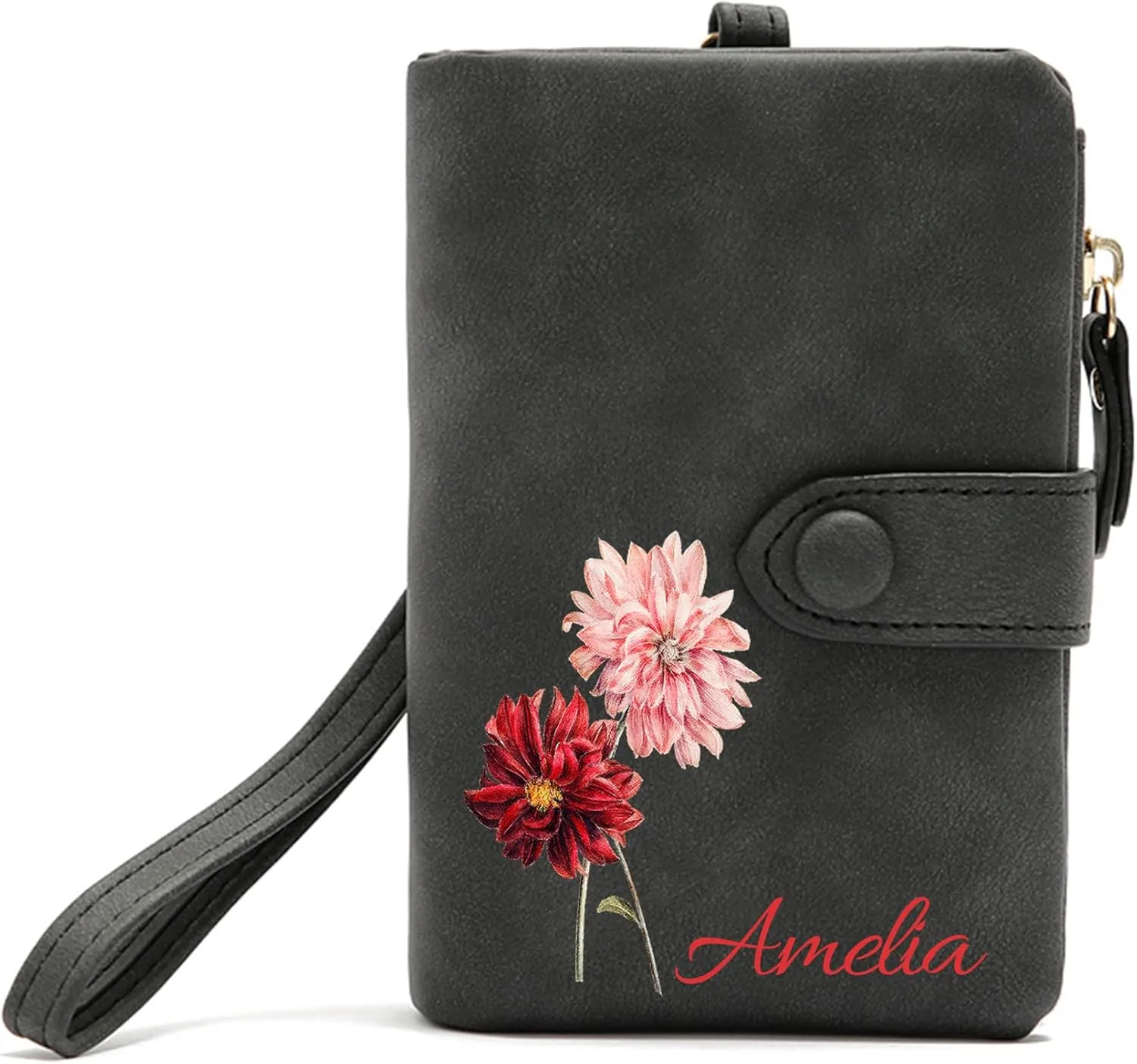 Custom Wallet w/Name & Colorful Birth Flower Personalized Gifts for Women Teen Girls, Customized Floral Name Ladies Wallet Cute Small Wristlet Purse Leather Card Holder, Black