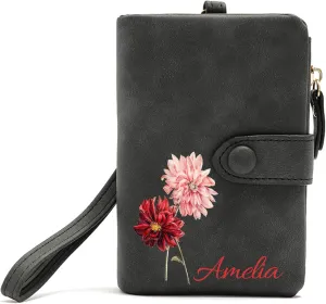 Custom Wallet w/Name & Colorful Birth Flower Personalized Gifts for Women Teen Girls, Customized Floral Name Ladies Wallet Cute Small Wristlet Purse Leather Card Holder, Black
