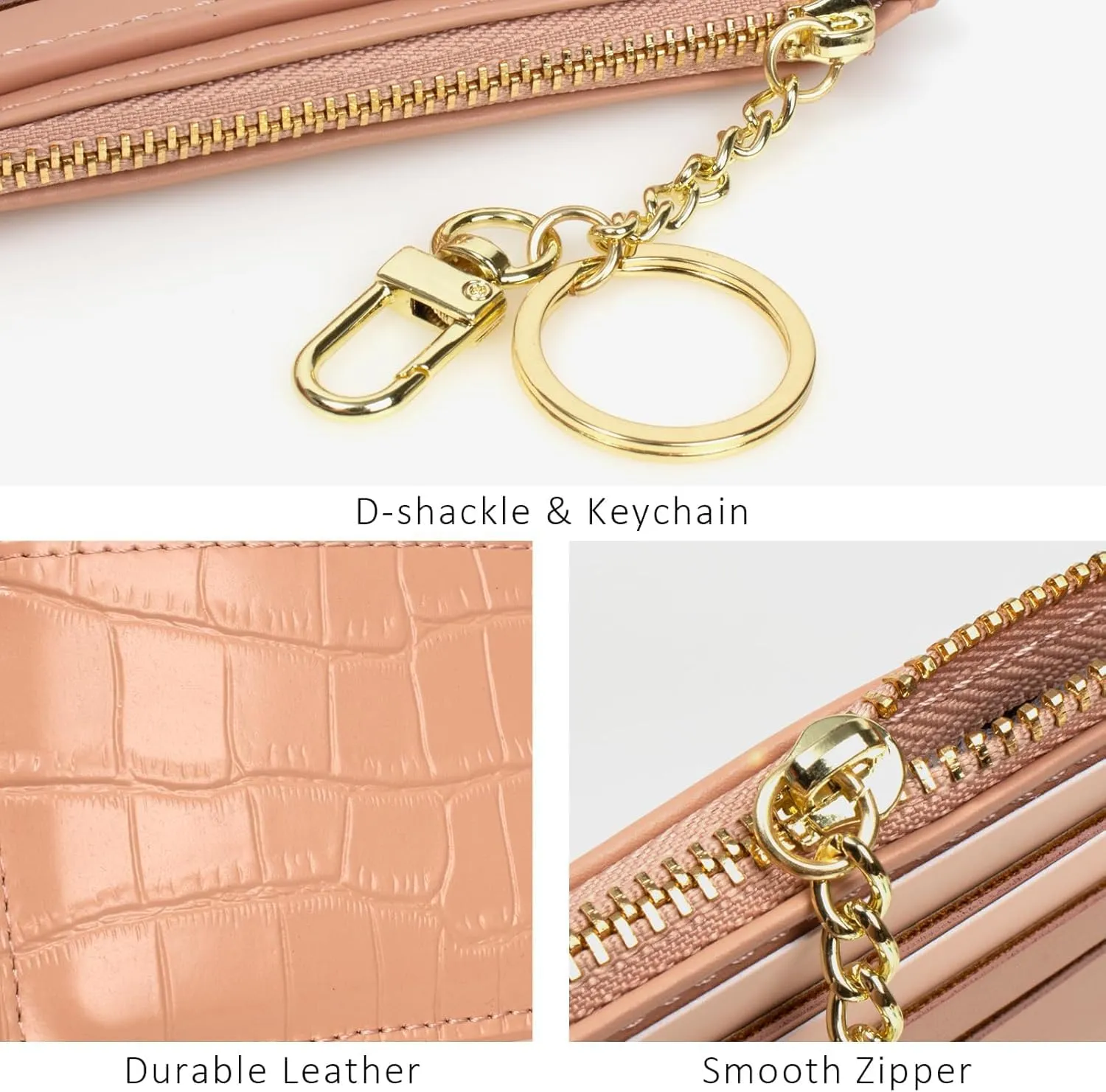 Custom Women Slim Leather Credit Card Case Holder Personalized Gold Silver Initial Letters RFID Blocking Front Pocket Wallet with Zippered Coin Pocket & Keychain Thin Minimalist Purse for Girls, Pink
