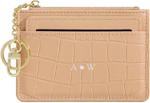 Custom Women Slim Leather Credit Card Case Holder Personalized Gold Silver Initial Letters RFID Blocking Front Pocket Wallet with Zippered Coin Pocket & Keychain Thin Minimalist Purse for Girls, Pink