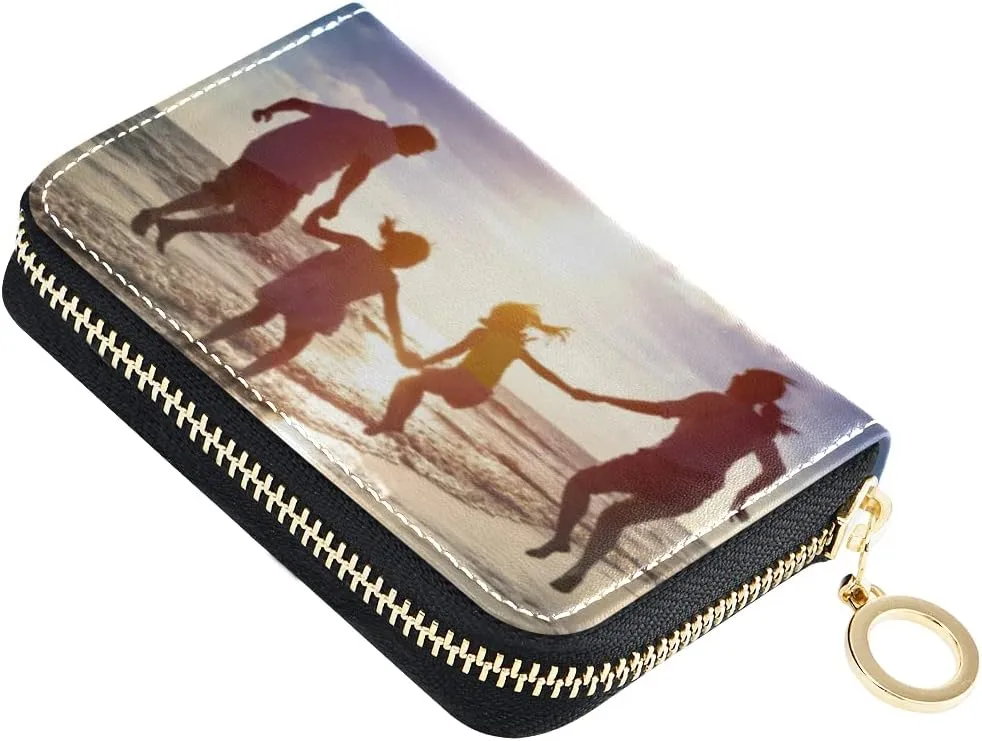 Custom Women's Credit Card Holder Wallet Add Your Photo Name Text Personalized RFID Blocking Zipper Pocket Leather Card Case Customized Happy Family Wallet