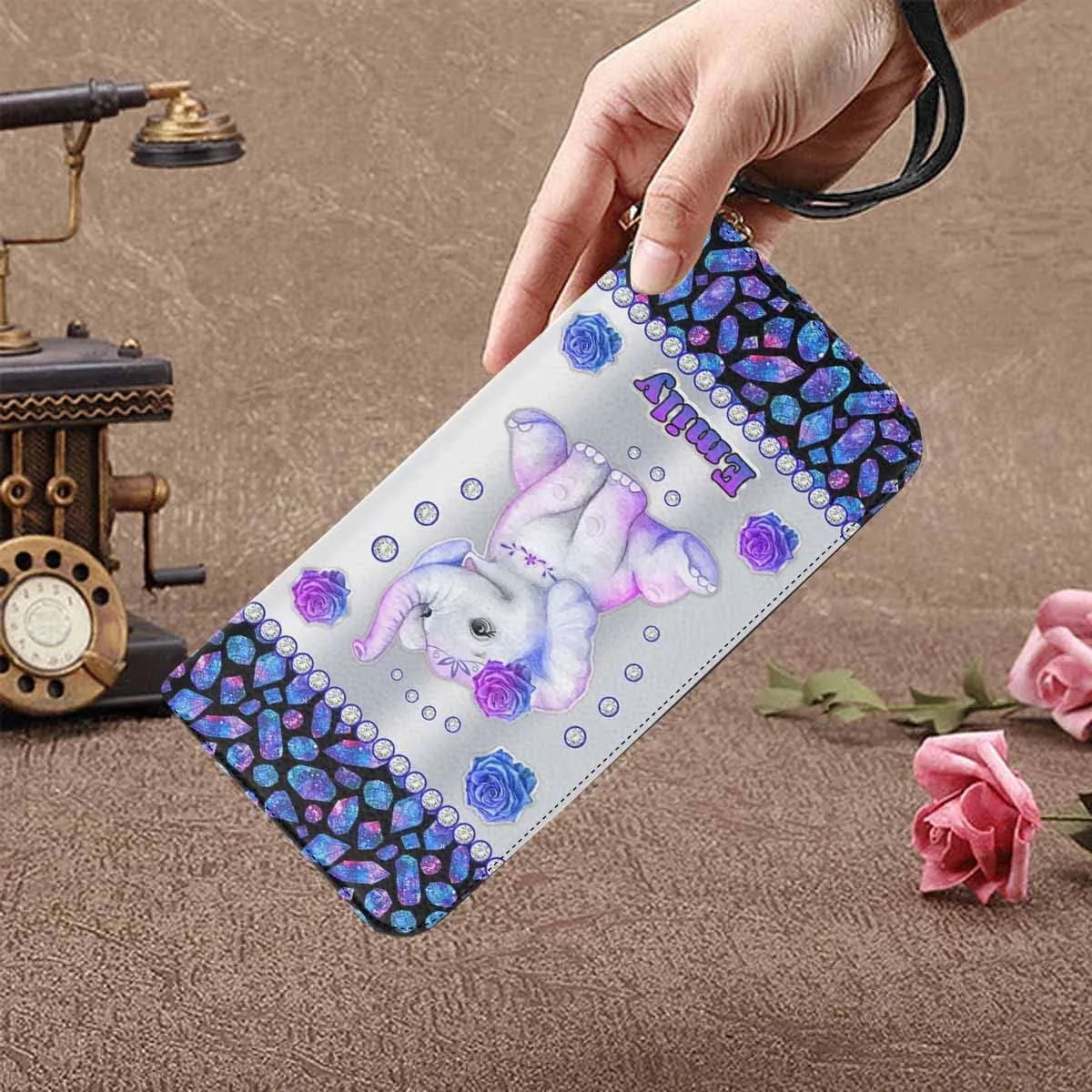 Custom Women's Gift Clutch Purse with Name, Personalized Cute Elephant Wallet Purse Wristlet Clutch with Zip