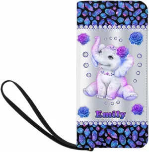 Custom Women's Gift Clutch Purse with Name, Personalized Cute Elephant Wallet Purse Wristlet Clutch with Zip